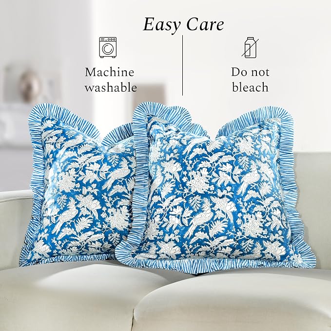 CPC Block Print Ruffle Throw Cover Blue Sapphire 18"x18" Inch Pack of 2-100% Cotton Ruffle Couch Decorative Boho Pillows Case for Living Room, Bedroom, Sofa, Farmhouse Gift for Spring, Mother's Day