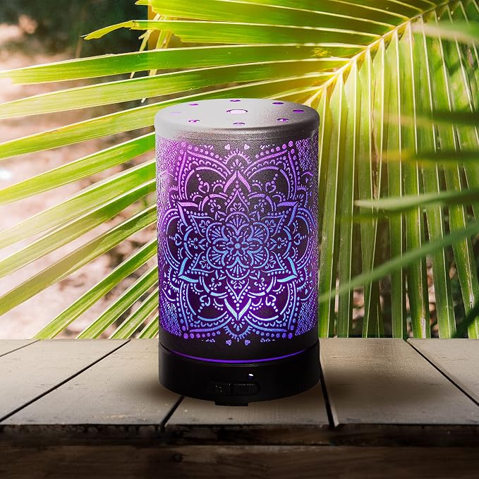 AROMAR Essential Ultrasonic Oil Diffuser Cool Mist Humidifier & Aromatherapy Metal Diffusers for Essential Oils with Auto Shut-Off and 7 Colors LED for Home and Office (Black Mandala)