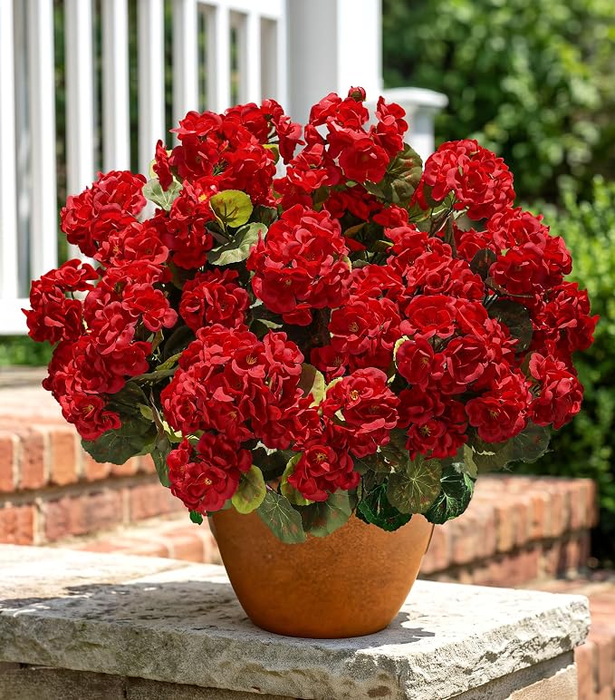 Artificial Geraniums Fake Flowers for Outdoors Decoration, 6 Bundles Silk Geraniums Red Flower UV Resistant Look Real Faux Plants for Front Door Garden Porch Planter Patio Balcony Yard Indoor Home