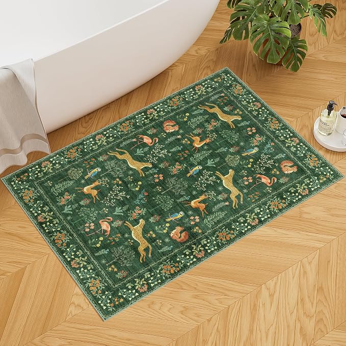 DUKINO 2x3 Entryway Rug, Washable Door Mat Animal Rug for Kitchen, Green | Non Slip, Low Pile, Soft Indoor Small Rug for Entrance, Bedroom, Bathroom, Laundry, Pet Friendly, Lightweight, Non-Shedding