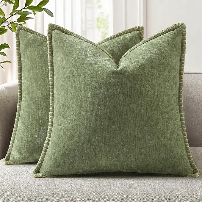 decorUhome Soft Chenille Throw Pillow Covers 20x20 Set of 2 Olive Green | Fall Textured Decorative Throw Pillow Cases Stitched Edge Modern Farmhouse Luxury Boho Velvet for Couch Sofa Bed Home Decor