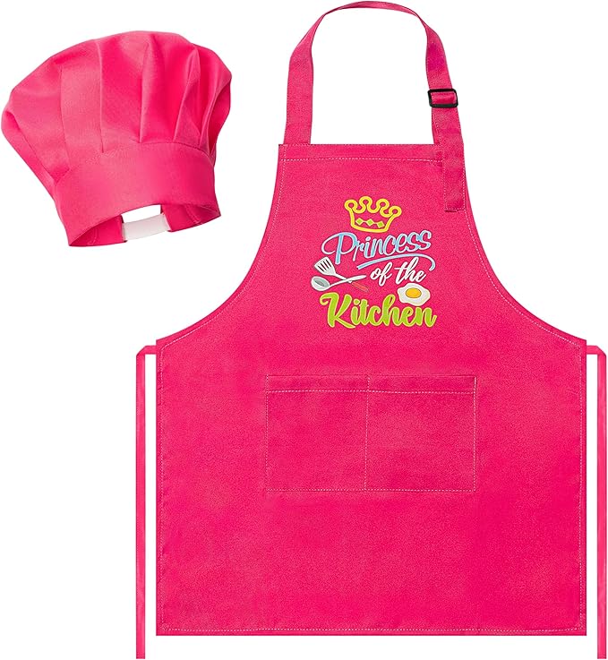 R HORSE 2 Pcs Kid Apron and Chef Hat Set, Rose Red Adjustable Children Kitchen Apron Role Play Chef Toy Cooking Baking Painting and Training Kits Kid Funny Cooking Gift New Year