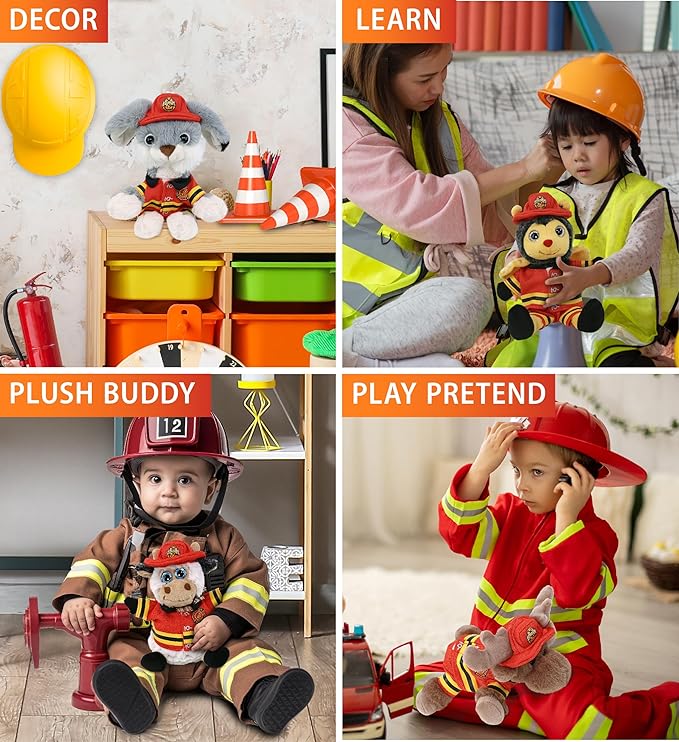 DolliBu Firefighter Dress Up with Holes in Helmet Set for Teddy Bear Plush Toy - Firefighter Hat and Stuffed Animal Clothes Set, Teddy Bear Costume Set with Fireman Helmet, Jacket and Pants - Small