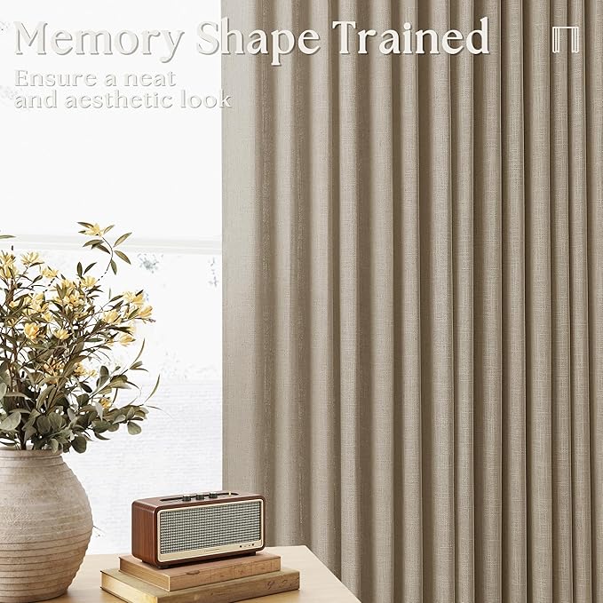 Grey Beige Pinch Pleat Linen Kitchen Curtains 45 Inches Long 2 Panels | Basement Short Curtains for Small Bay Window, Pinch Pleated with Hooks Rings Back Tab, Thick Linen Semi Sheer, W40xL45
