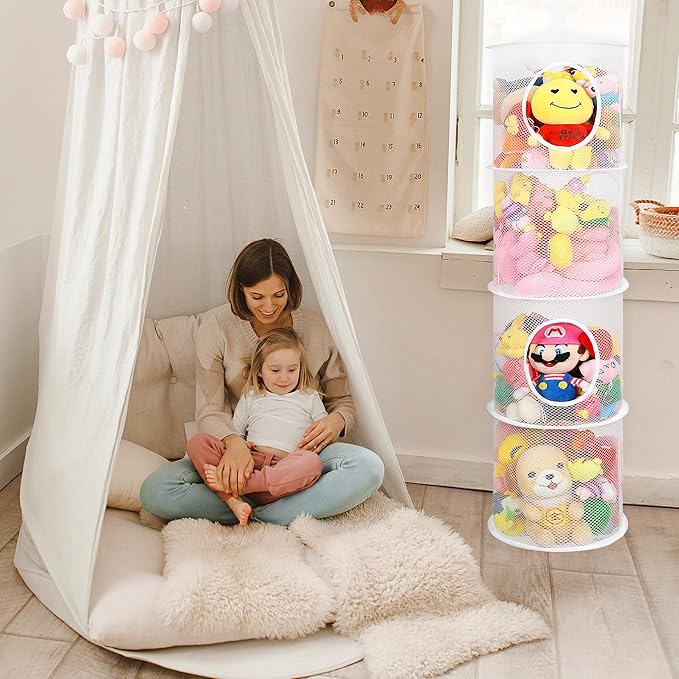 3Pcs Stuffed Animal Storage Foldable Stuffed Animal Net or Hammock Organizer, 4 Compartments Hanging Toy Storage Organizer, Toy Organizer for Kid Room Toys, Gloves, Hats, Socks(White)
