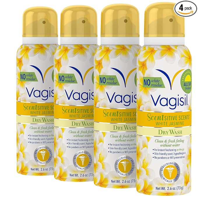 Vagisil Scentsitive Scents Feminine Dry Wash Deodorant Spray for Women, Gynecologist Tested, Paraben Free, White Jasmine, 2.6 Ounce (Pack of 4)