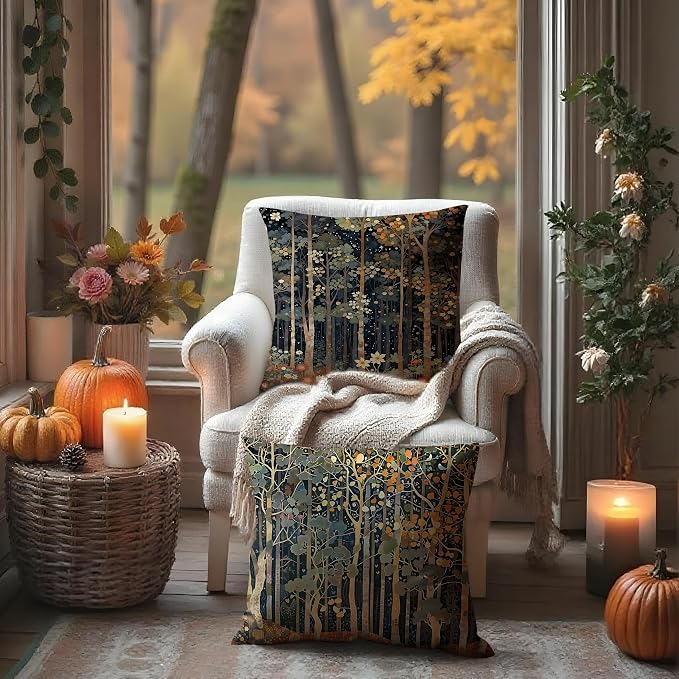451 Rustic William Morris Style Fall Forest Pillow Covers 22x22 | Fall Autumn Home Room Decor, Vintage Botanical Nature Decorative Throw Pillow Covers for Home Bedroom Living Room Set of 2
