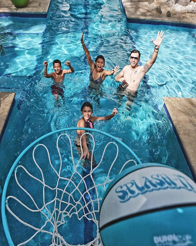 Dunn-Rite Splash & Shoot Outdoor Adjustable Height Swimming Pool Basketball Hoop w/Ball, Base, & 18 Inch Stainless Steel Rim, Made in USA, Clear