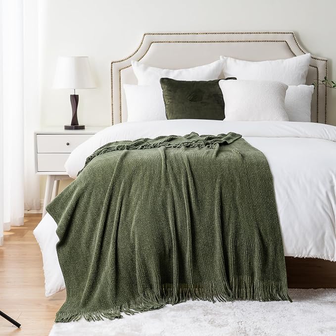 BATTILO HOME Olive Green Throw Blanket for Couch, 50"x60" | Soft Chenille Knit Throw Blanket with Tassels for Home Decor, Dark Green Throw for Couch Cover