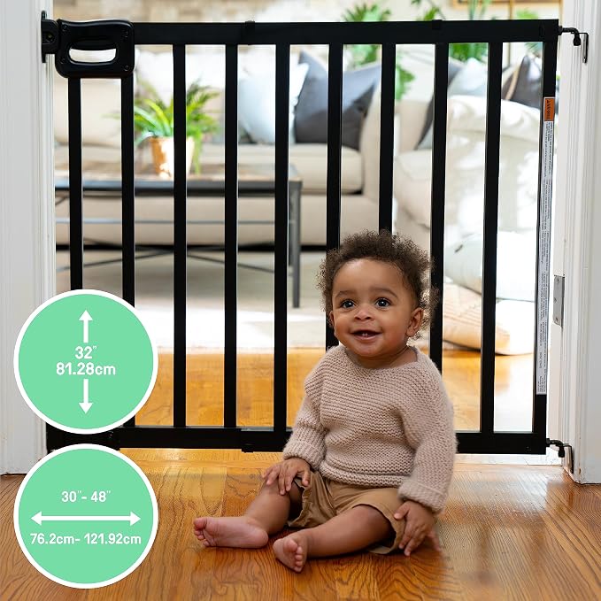 Summer Infant Deluxe Stairway Simple to Secure Safety Pet and Baby Gate,30'-48' Wide, 32' Tall, Install on Wall or Banister in Doorway or Stairway,Hardware Mount, Auto Close Walk-Thru Door-Black Wood
