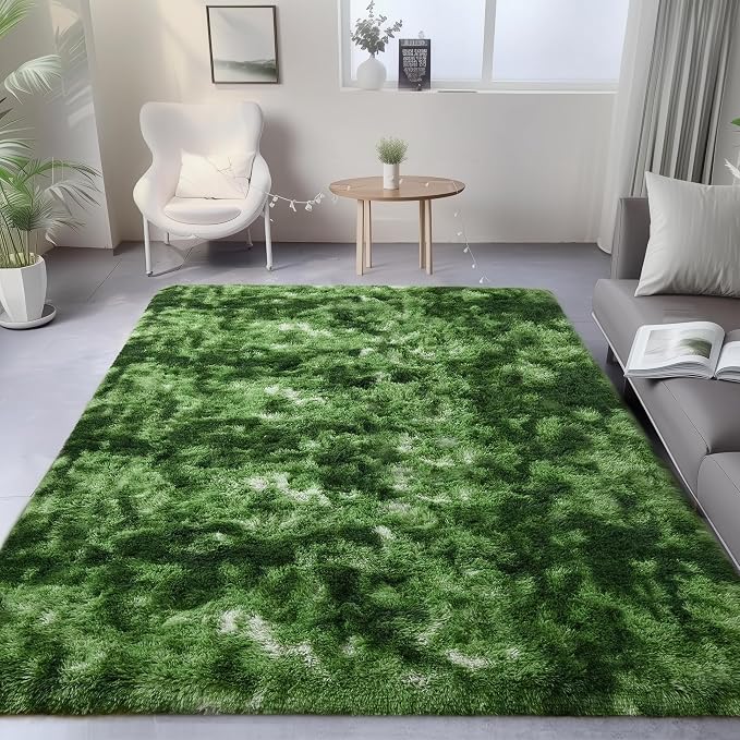 PAGISOFE Area Rugs for Bedroom 4x6, Fluffy Moss Green Rugs for Living Room, Non-Slip Shaggy Carpet for Kids Boys Girls Teen Dorm Nursery Forest Room Decor Aesthetic Modern Abstract Bedside Carpets