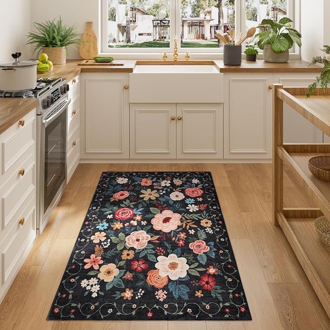 DUKINO 3x4 Area Rug, Floral Washable Rug for Kitchen Non Slip, Black | Low Pile, Soft, Stain Resistant Indoor Rug for Entryway, Bedroom, Bathroom, Laundry, Pet Friendly, Home Decor, Lightweight