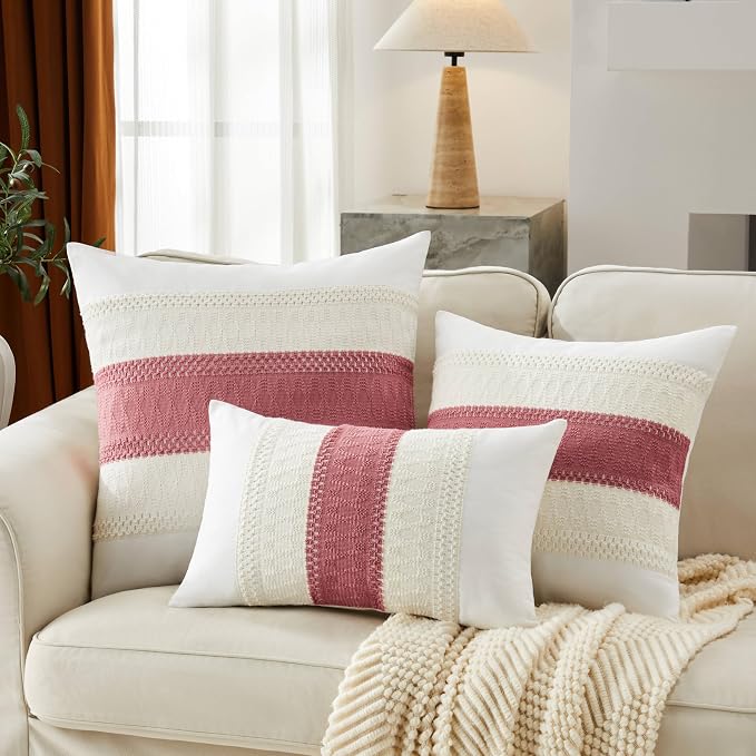 2pk Boho Pillow Covers 20x20, Natural White/Contrast/Dusty Pink | 100% Organic Cotton Body, Stripe Embroidery, Farmhouse Decorative Cushion Covers for Sofa Bed Living Room Home Decor