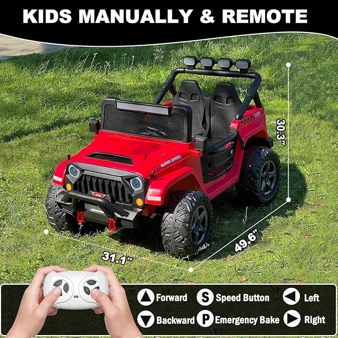 NEWQIDA 24V 2 Seater Ride on Truck Car with Remote Control 24V Ride on Toys for Big Kids Electric Vehicles 4x4 Off-Road Style, EVA Tires, 4x200W Motors, Spring Suspension, Soft Braking, Music, Red