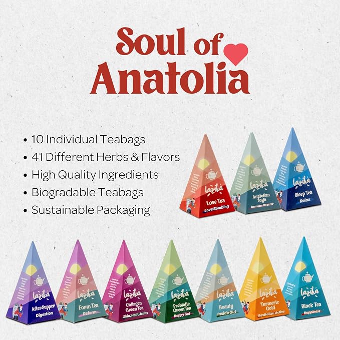 Lazika Tea Sampler with Premium Presentation Box, 10 Counts, Mothers Day Gifts, 2 of Each Blend Individually Wrapped, Black, Green and Herbal Tea Variety Gift Set, Collection with Pyramid Infuser Bag