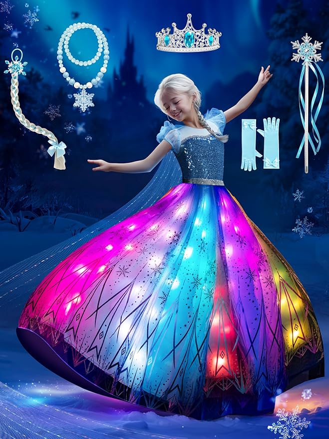 Princess Costume for Girls, RGB Light Up Toddler Dress up ＆ Syncs Music App Control with Accessories for 3-10 Girls