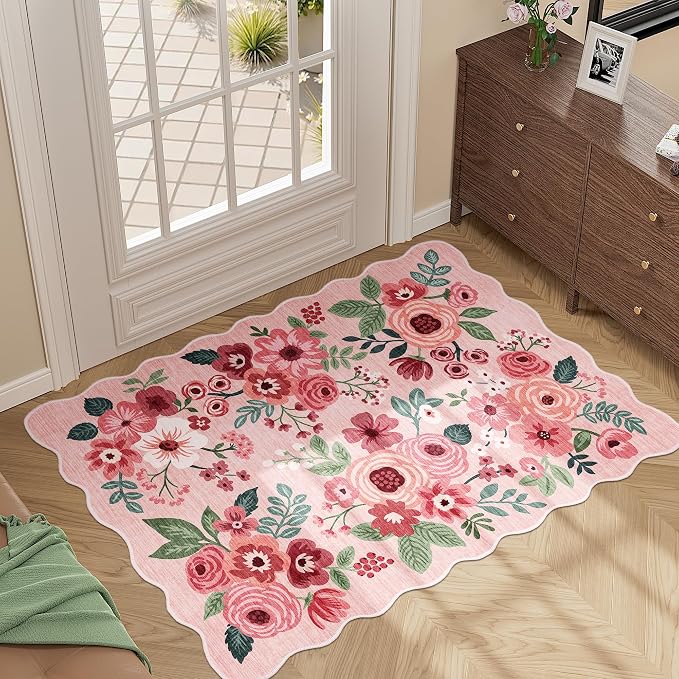 DUKINO 2x3 Rugs for Entryway, Floral Door Mat Washable Kitchen Rugs, Pink | Non Slip, Low Pile, Soft Small Rugs for Entrance, Bedroom, Bathroom, Laundry, Pet Friendly, Non-Shedding, Modern Home Decor
