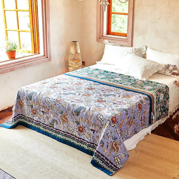 VANJOROY Boho Throw Blanket 60" x 80", 100% Organic Cotton Breathable Ultra Soft Bed Purple Quilt Throw - All Season Luxury Floral Farmhouse Decor Blanket for Sofa Couch Chair and Gift.