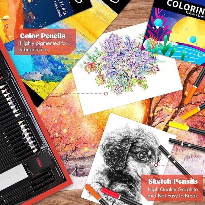 Caliart Art Supplies, 153-Pack Deluxe Wooden Art Set Crafts Drawing Painting Coloring Supplies Kit with 2 A4 Sketch Pads, Halloween Creative Gift Box for Adults Artist Beginners