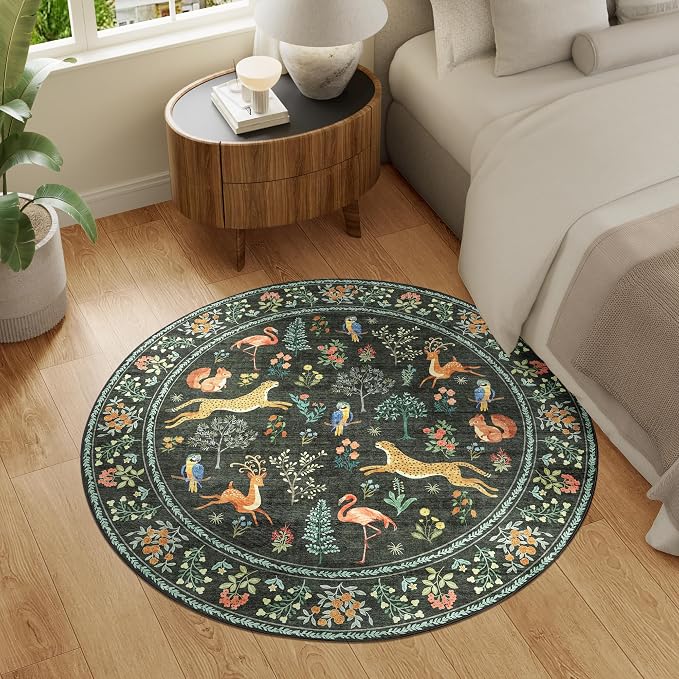 DUKINO 4ft Round Rug, Washable Animal Small Round Area Rug Non Slip, Black | Low Pile, Soft, Non-Shedding Indoor Circle Carpet for Bedroom, Entryway, Living Room, Farmhouse, Pet Friendly, Lightweight