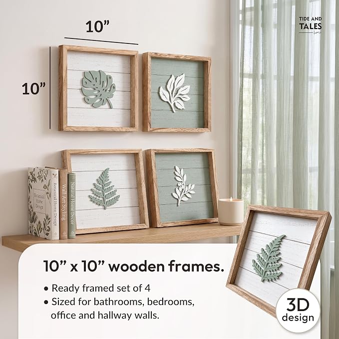 Tide and Tales Leaves of Meaning 3D Sage Green Wall Art (Set of 4) Framed Boho Wall Art for Living Room, Bedroom & Bathroom, House Warming Gifts for New Home, Botanical Farmhouse Home Decor 10"x10"