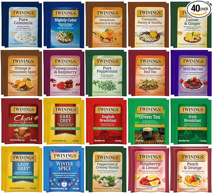 Twinings Assorted Herbal & Decaf Tea Bag Sampler (40 Count) 20 Flavour Boxed Variety Gift Set