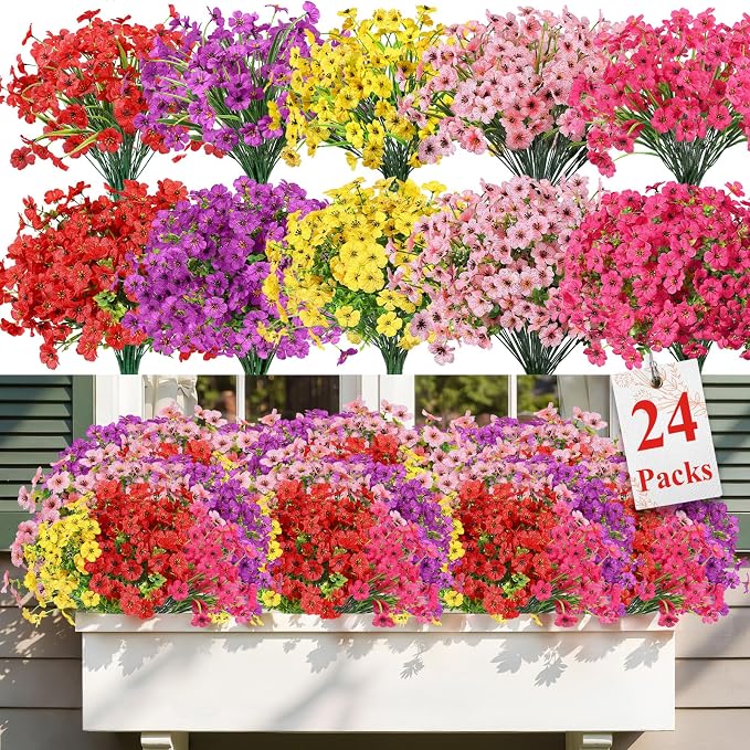 Alupssuc 24 Bundles Artificial Daisy Flowers UV Resistant for Outdoor Decor | Silk & Plastic, Spring Faux Plants Greenery, Bendable Stems, for Porch Patio Hanging Window Planter Yard Outside, 5 Colors