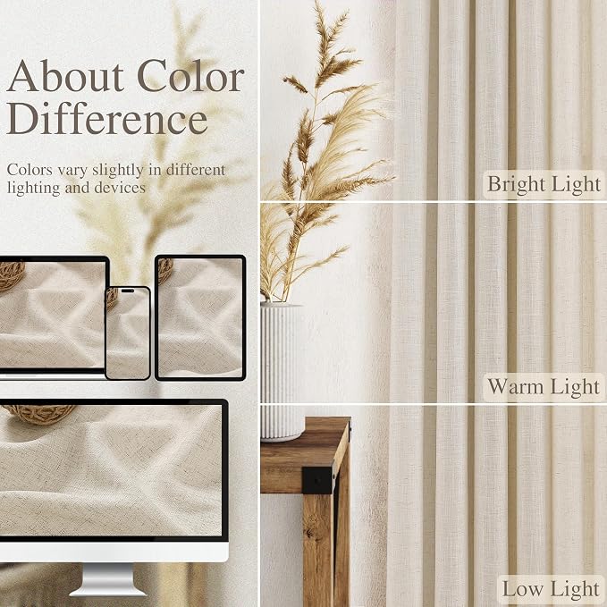 Warm Beige Linen Curtains 90 Inch Long 2 Panels Set for Bedroom Living Room Linen Textured Window Drapes Semi Sheer Light Filtering Rod Pocket Back Tab Cotton Textured Farmhouse Curtain 52x90