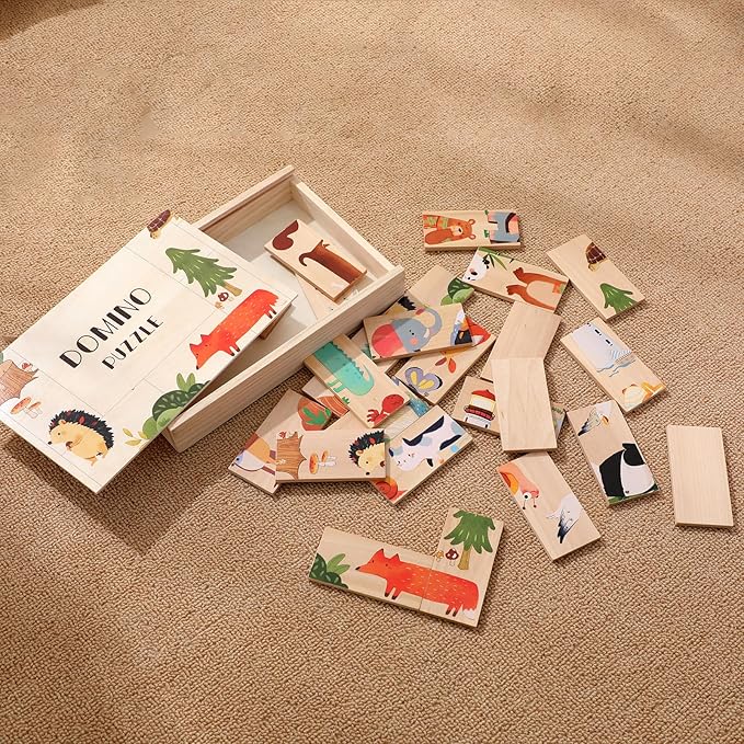 IEATFO 28 Pcs Wooden Domino Puzzle Set with Storage Box - Multicolor Plant, Animal and Landscape Designs - Montessori Toy with Nature-Themed Learning, Domino Game, Logic Puzzle and Building Blocks