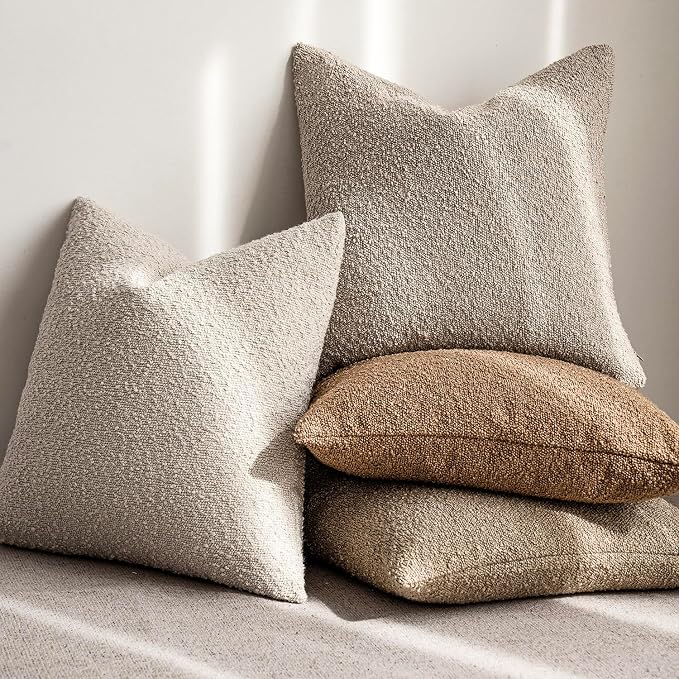 Foindtower Set of 2, Decorative Textured Boucle Throw Pillow Covers Accent Solid Pillow Cases Neutral Soft Cozy Couch Cushion Case for Chair Sofa Bedroom Living Room Home Decor 26 x 26 Inch,Oatmeal