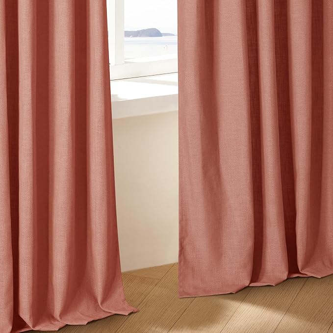 Firebrick 80 Inch Pinch Pleated Light Filtering Linen Curtains 2 Panels | Boho Farmhouse Autumn Fall Decor, Thick Linen Semi Sheer, Back Tab Pinch Pleat Hooks Rings, Terracotta Red Clay Burnt Orange