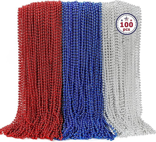 100PCS 4th of July Accessories, Independence Day Beads Necklace Bulk, Fourth of July Red Blue Silver Necklace Party Favors, Beads for Patriotic Parade Party Celebration Favors Decorations