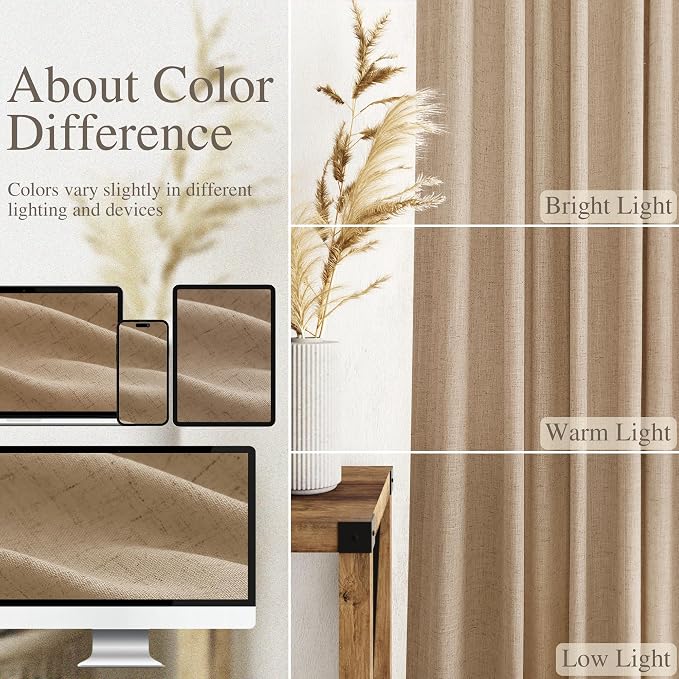 Sand Beige Linen 144 Inch Curtains for Living Room Simple Modern Light Filtering Semi Sheer Curtain Back Tab Rustic Luxury Home Decor Drapes Floor to Ceiling High Window for Bedroom 52x144, 2 Panels