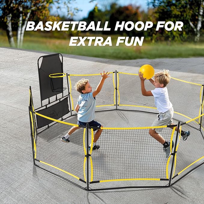 3-in-1 Portable Gaga Ball Pit with Hoop & Goals, 10ft Outdoor Game for Camp, School & Family Fun(10FT-Yellow&Black)
