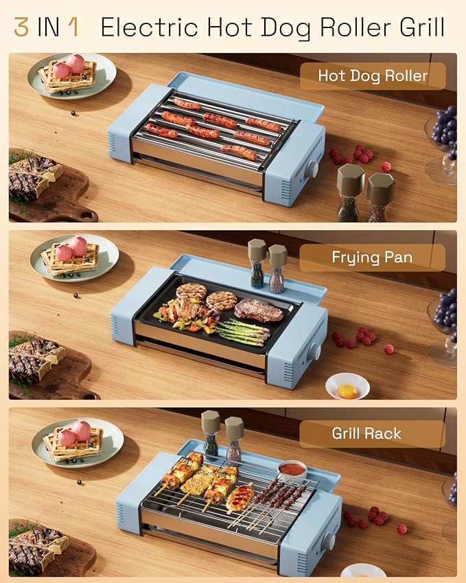 HBN Indoor Grill and Electric Griddle, 3-in-1 Smokeless Indoor Grill with Grill Rack & Nonstick Griddle & Sausage Grill Korean BBQ grill for Kitchen, Dishwasher Safe, 400F (Sky Blue)