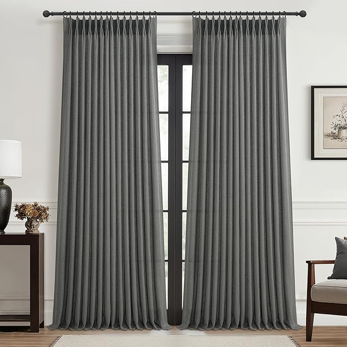 Dark Grey Pleat Semi Sheer Curtains 96 Inches Long for Bedroom, Memory Trained Pinch Pleated Linen Textured Light Filtering Modern Curtain 96 Inch Length 2 Panels Set Viral Window Drapes 8FT Length