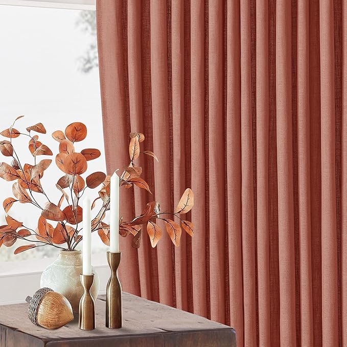 Firebrick Pleated Linen Curtains 96 Inches Long for Living Room 2 Panel Set | Semi Sheer Light Filtering, Memory Shape Pinch Pleat with Rings Hooks, Farmhouse Rustic Terracott Drapes for Bedroom Window