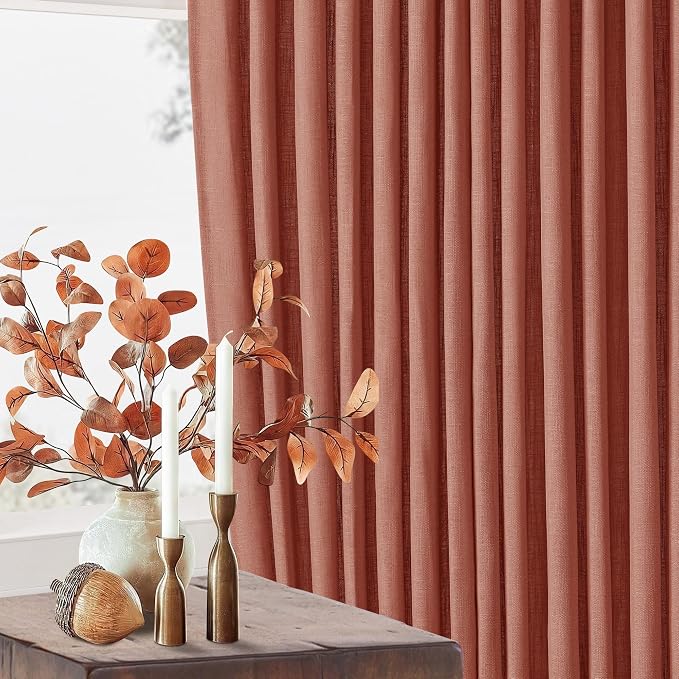 Firebrick 80 Inch Pinch Pleated Light Filtering Linen Curtains 2 Panels | Boho Farmhouse Autumn Fall Decor, Thick Linen Semi Sheer, Back Tab Pinch Pleat Hooks Rings, Terracotta Red Clay Burnt Orange