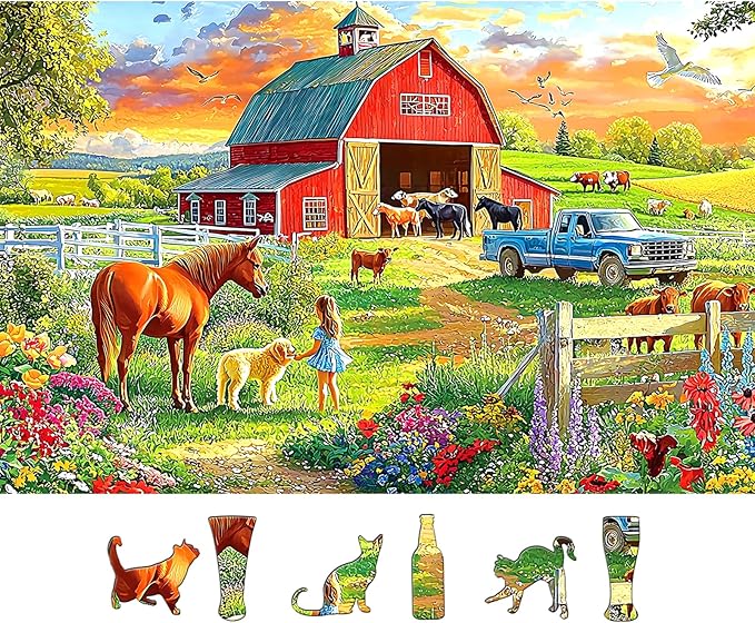 Country Farm Life 500 Piece Adult Jigsaw Puzzle Red Barn & Horse Sunset Countryside Landscape Puzzle with Letters on Back Family Challenge Games Gift for Adults and Seniors(23x15 Inch)