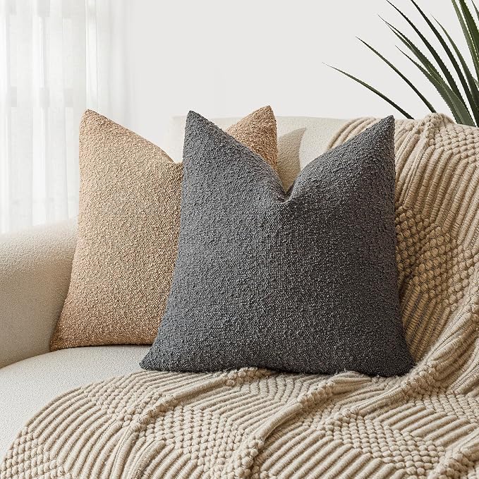 Foindtower Set of 2, Decorative Textured Boucle Throw Pillow Covers Accent Solid Pillow Cases Neutral Soft Cozy Couch Cushion Case for Chair Sofa Bedroom Living Room Home Decor 24 x 24 Inch Dark Grey