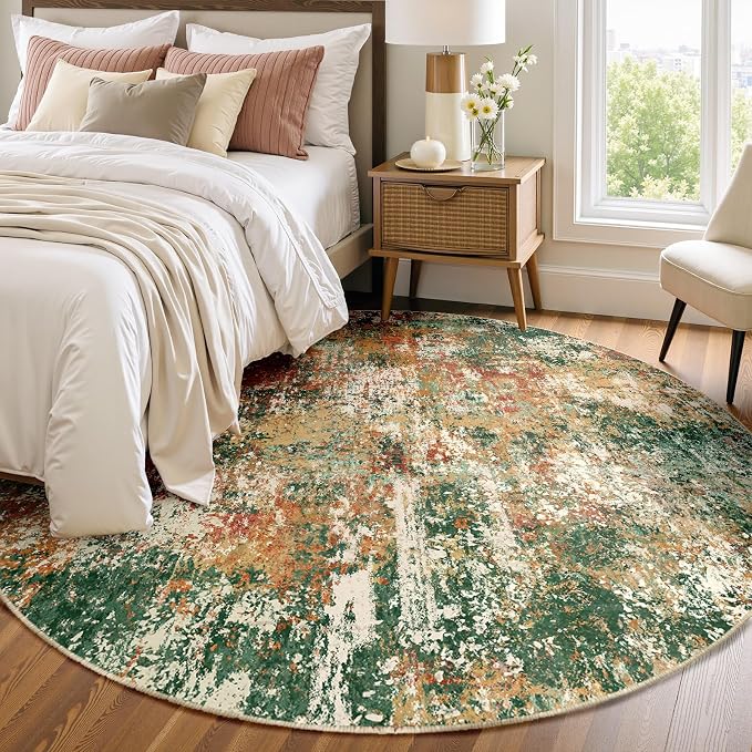 RELEANY Washable Round 8ft Area Rug for Living Room Green Multi | carpet for bedroom, kitchen, office, hallway and entryway, printed pattern, non-slip, soft, stain-resistant, easy to clean