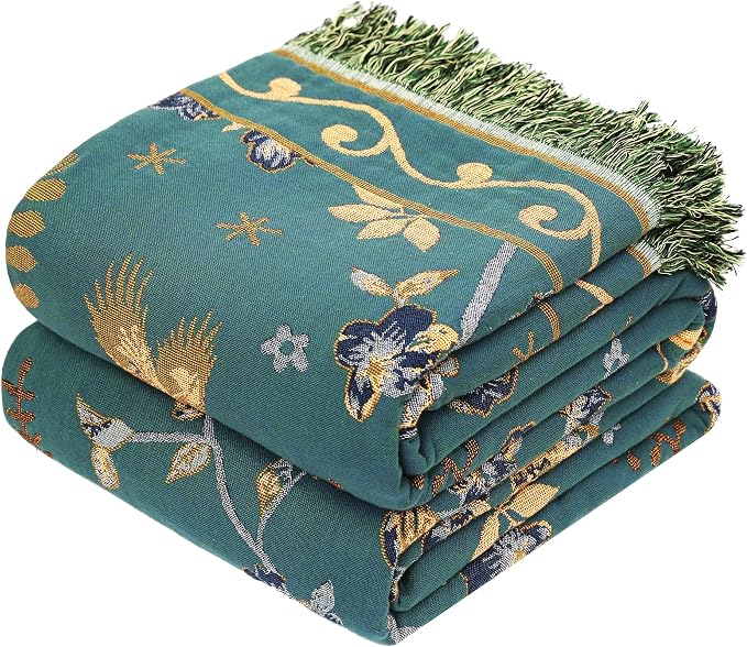 VANJOROY Boho 100% Cotton Large Throw Blanket King - All Season Rustic Ultra Soft Breathable Floral Bird Blanket for Bed Sofa Couch Chair Bedspread Quilt Gift, 91" x 108"-Teal/Beige