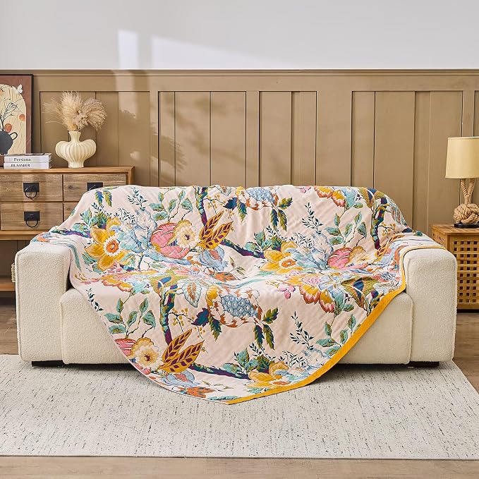 XIBLC Boho Throw Blanket 100% Cotton Vintage Blanket Muslin Woven Flower Decorative Throw Blankets All Season Bohemian Rustic Farmhouse Decor Quilt for Bed (Yellow 80"x90")