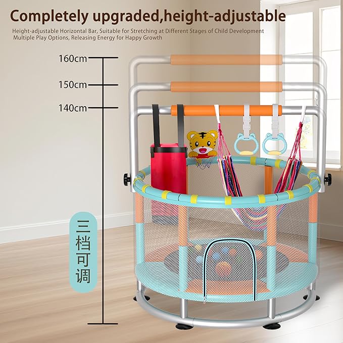 55" Kids Indoor Trampoline with Safety Net, Adjustable Gymnastics Bar & Toys – Indoor/Outdoor Toddler Play Gym for Boys & Girls Ages 3+, Birthday Gifts