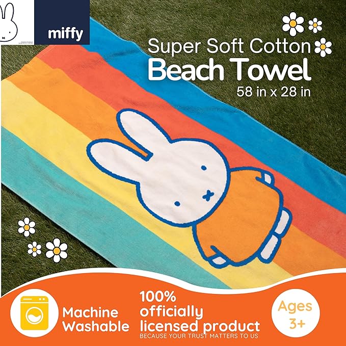 Miffy Kids Cotton Beach Towel, 58 x 28 Inch, Soft & Absorbent Pool, Bath & Beach Towel (Officially Licensed Product) by Franco