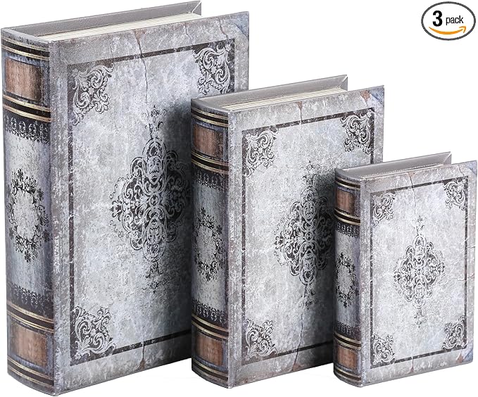 Wooden Book Box Set of 3 with Magnetic Closure and Grey Vintage Leather Cover, Non-Woven Fabric Interior, Decorative Secret Storage for Bookshelves and Home Office