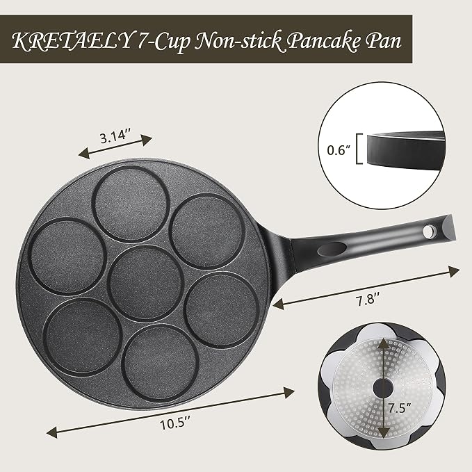 10.5" Pancake Pan Suitable for All Cooktops 7-Cup Pancake Maker 1-Pack | Black, PFOA Free, 7-Cup, Mini Silver Dollar Gril, Stay-Cool Handle, Mini Pancake Pan