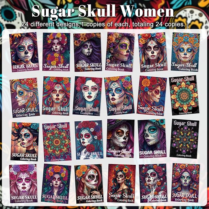 Liliful 24 Pcs Sugar Skull Themed Coloring Book Bulk for Adults Intricate Day of the Dead Art Coloring Books with Floral Skull & Ornate Designs for Party Favors Goodie Bag Fillers & Creative Gifts