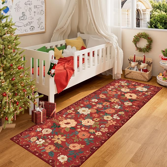 DUKINO 2x6 Runner Rug for Hallway, Washable Kitchen Rugs Non Slip, Red | Low Pile, Soft, Floral Indoor Rug for Entryway, Bedroom, Laundry, Bathroom, Pet Friendly, Lightweight, Modern Home Decor