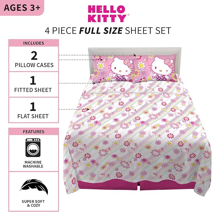 Hello Kitty Bedding Super Soft Microfiber Sheet Set, Full, Hello Kitty, (Officially Licensed Product) by Franco
